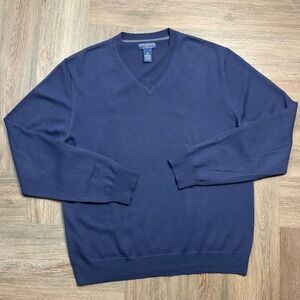 Vintage Joseph & Lyman V Neck Sweater Mens XL Navy Blue 100% Merino Wool Italian